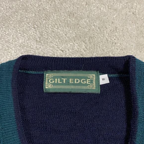 VTG Gilt Edge Sweater Mens M Navy Teal V Neck Wool Britain 90s Textured Grandpa - Picture 2 of 8